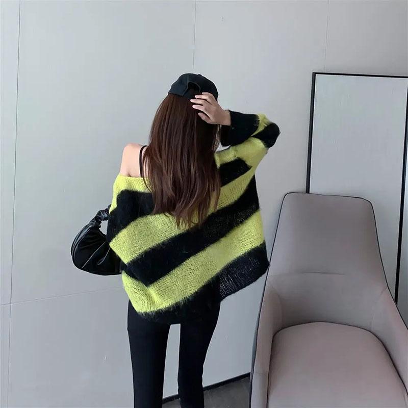 Pullover Off Shoulder Striped Sweater Mode Lockerer und fauler Strickpullover Mantel Damen Langarmshirt Herbst