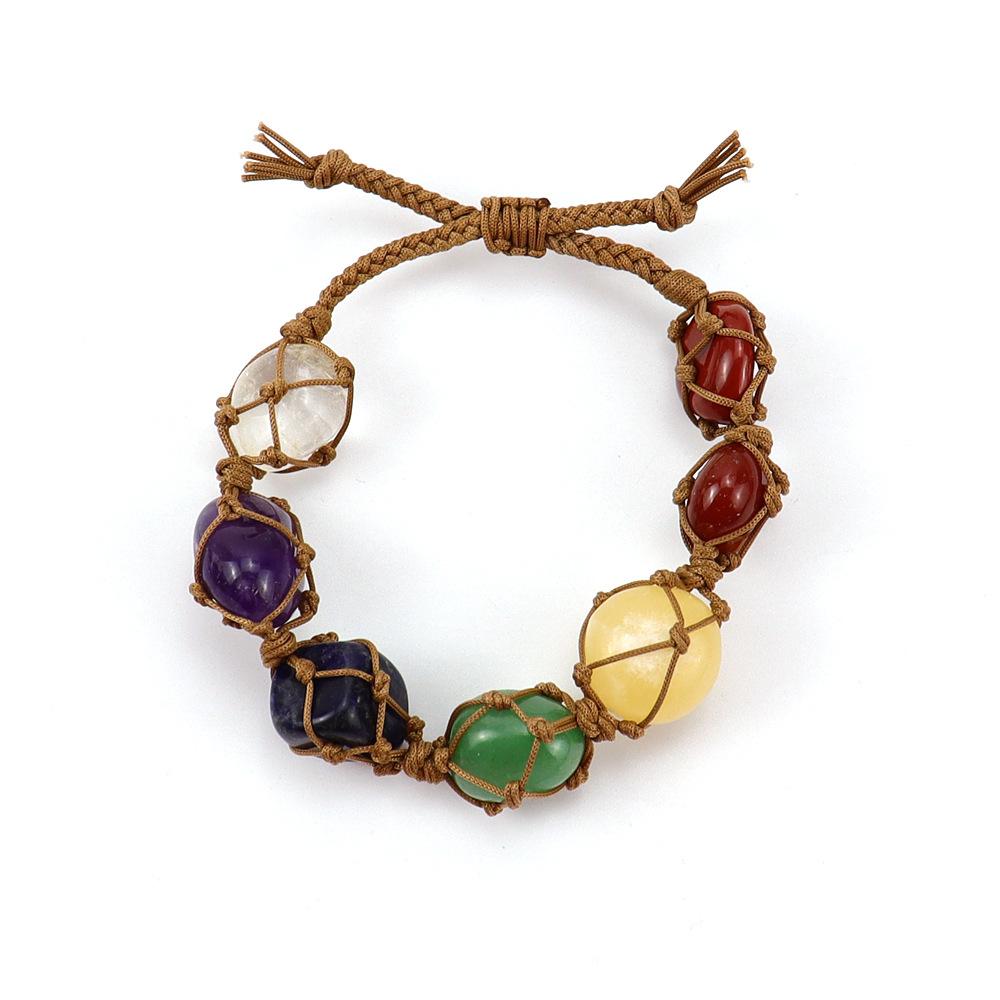 Natural Crystal Rough Stone Mesh Pocket Woven Bracelet Bracelet, Women S Brown Rope Hand-Woven Colorful Crystal B89