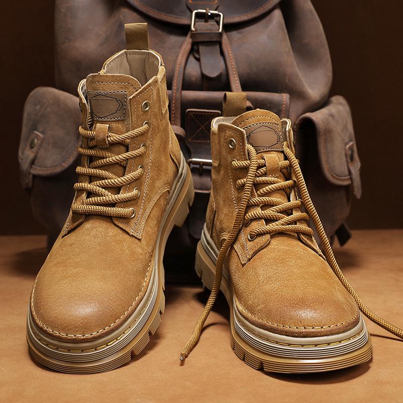 Men's Genuine Leather High-Top Martin Boots - Yellow Retro Winter Snow Shoes with Plush Lining