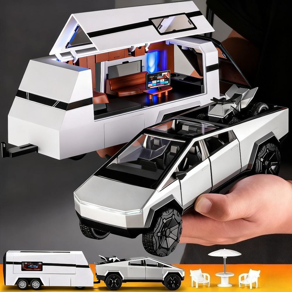 1:24 Pickup Przyczepa Kamper Stop Aluminium Odlew Robotaxi Samochód Zabawki Model Dźwięk Światło Napęd Powrotny Drzwi Otwierane Kamper Dzieci Festiwal Prezent