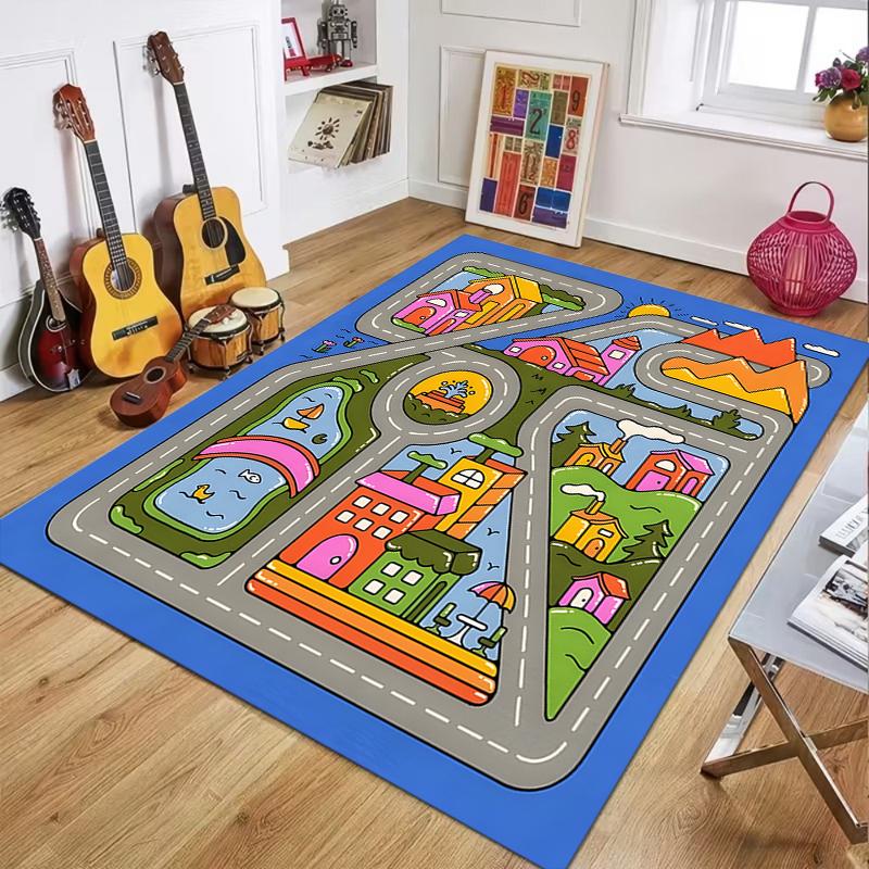 Alfombra para niños Esterilla de juego Alfombra educativa Patrón de carretera Patrón de tráfico Alfombra Fácil de limpiar Felpudo antideslizante Felpudo de baño