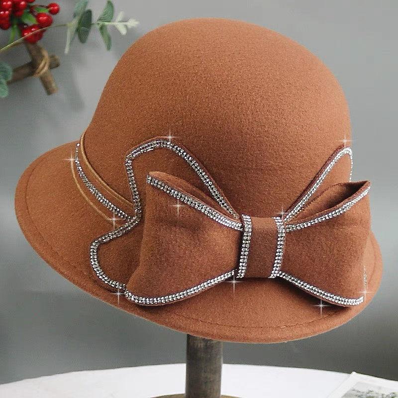 Autumn and Winter Ladies' Handmade Large Bow Pure Wool Beanie Hat Elegant and Versatile Small Rolled Edge Basin Hat for Women