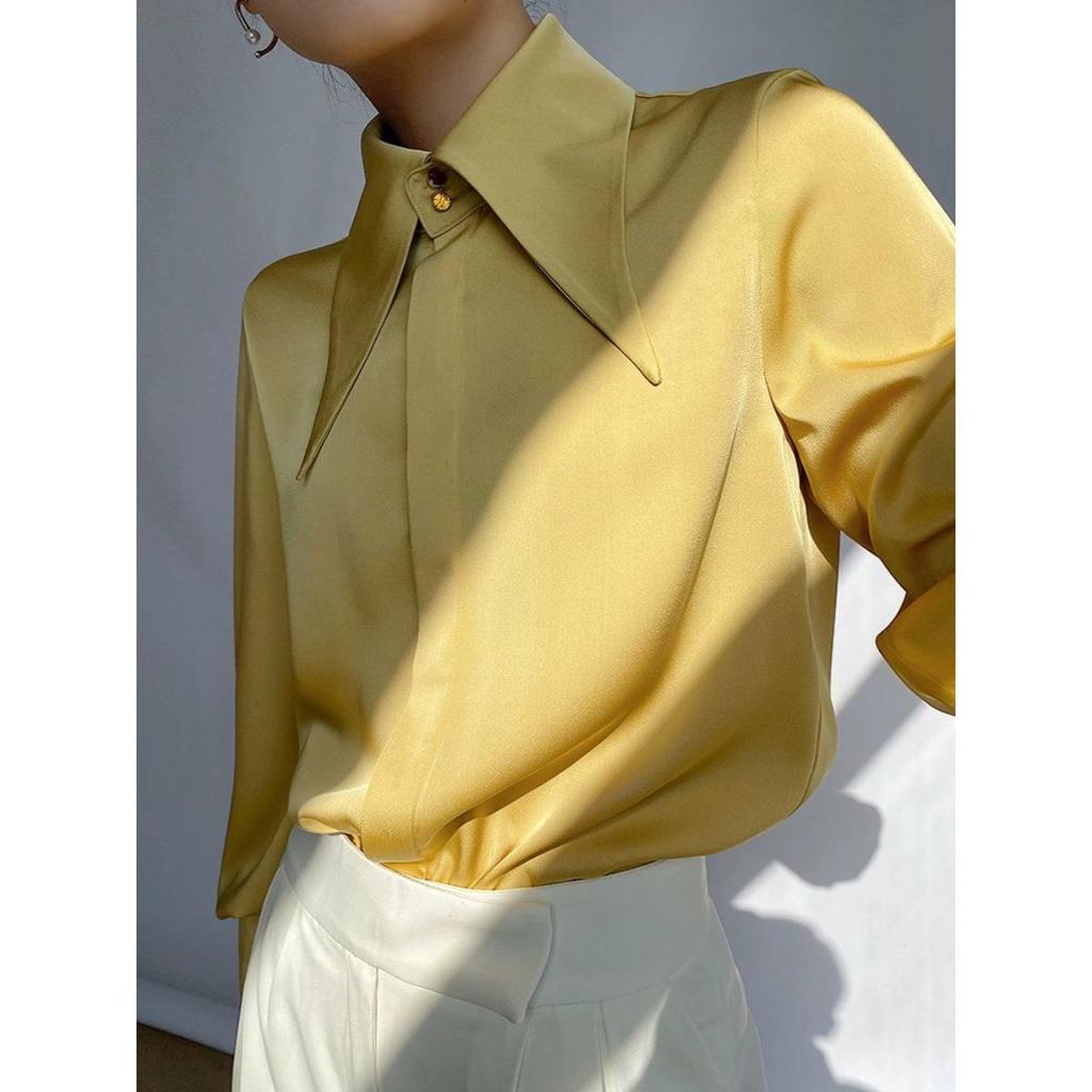 Women's High-End Satin Shirt with French Pointed Collar - Long Sleeve, Stylish Spring/Autumn Top