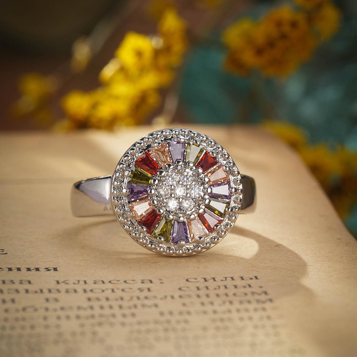 

Rainbow Zircon Gemstone Flower Ring - Popular Multicolor Jewelry for Women Size 6