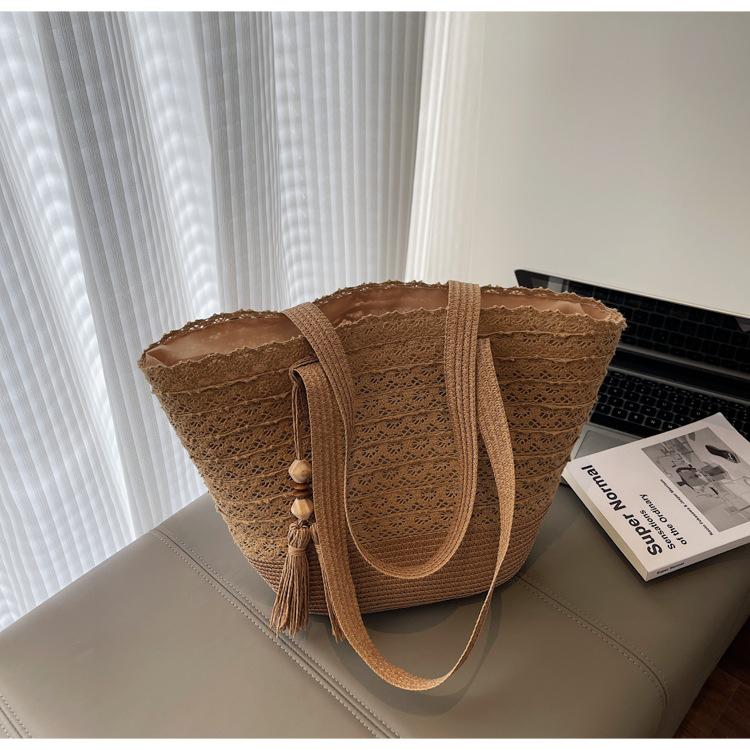 

Summer straw bag woven bag 2025 seaside vacation beach bag large capacity straw versatile shoulder bucket bag хаки