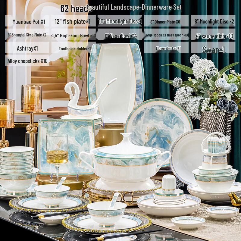 Jingdezhen Luxury Ceramic Dinnerware Set 62-Piece Set with Good Luck Pot