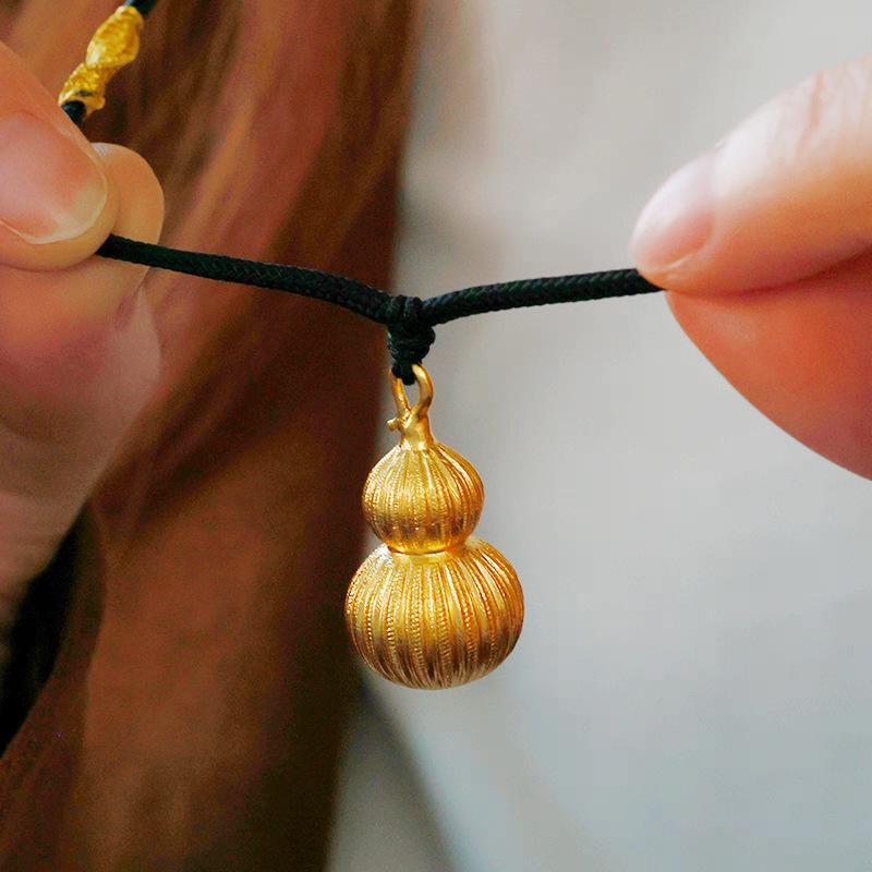 Ancient Gold Filigree Striped Gourd Pendant with Fu Lu Charm – Chinese Style Sweater Chain