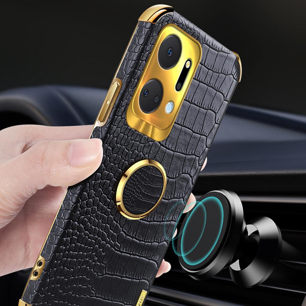 Crocodile Texture Phone Case for Honor X7a 4G/5G,PU Leather Coated TPU 6D Electroplated Cover with Ring Kickstand