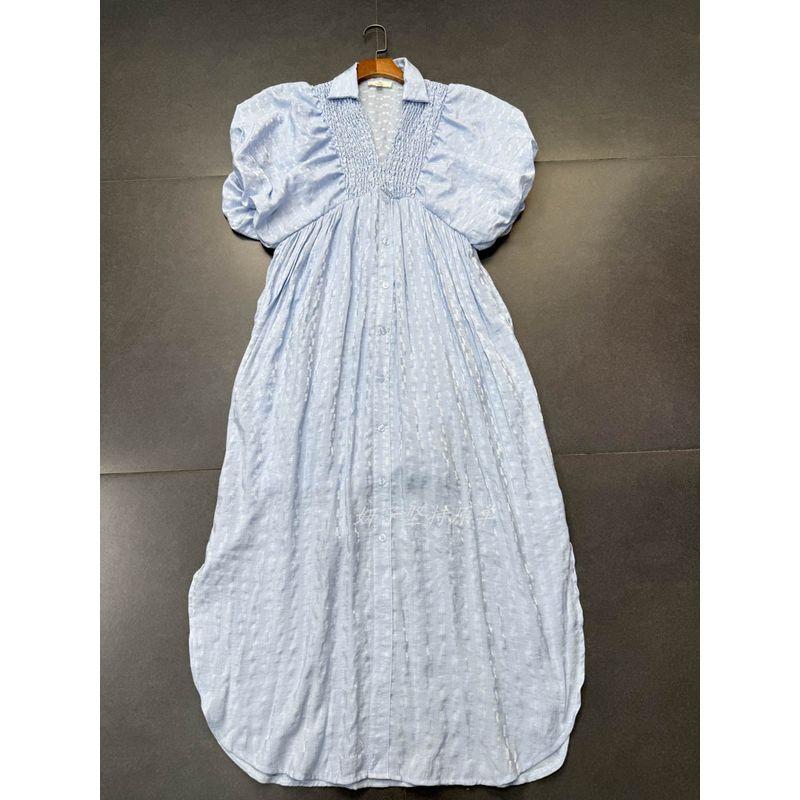 

Export Single French Lazy Style Gentle Light Color Dark Lines Puff Sleeves V-neck Dress Elegant Dress Light blue M