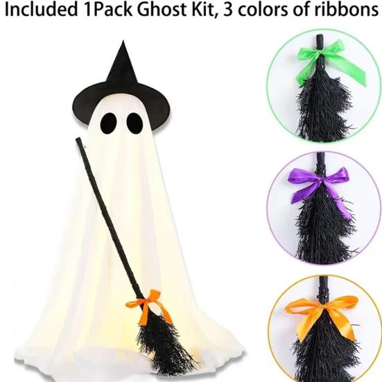Glowing Ghost Decoration Halloween Light-Up Decoration, Spooky Witch Hat Ornament with LED Yard Light, Broom Decor for Outdoor Lawn Porch Holiday