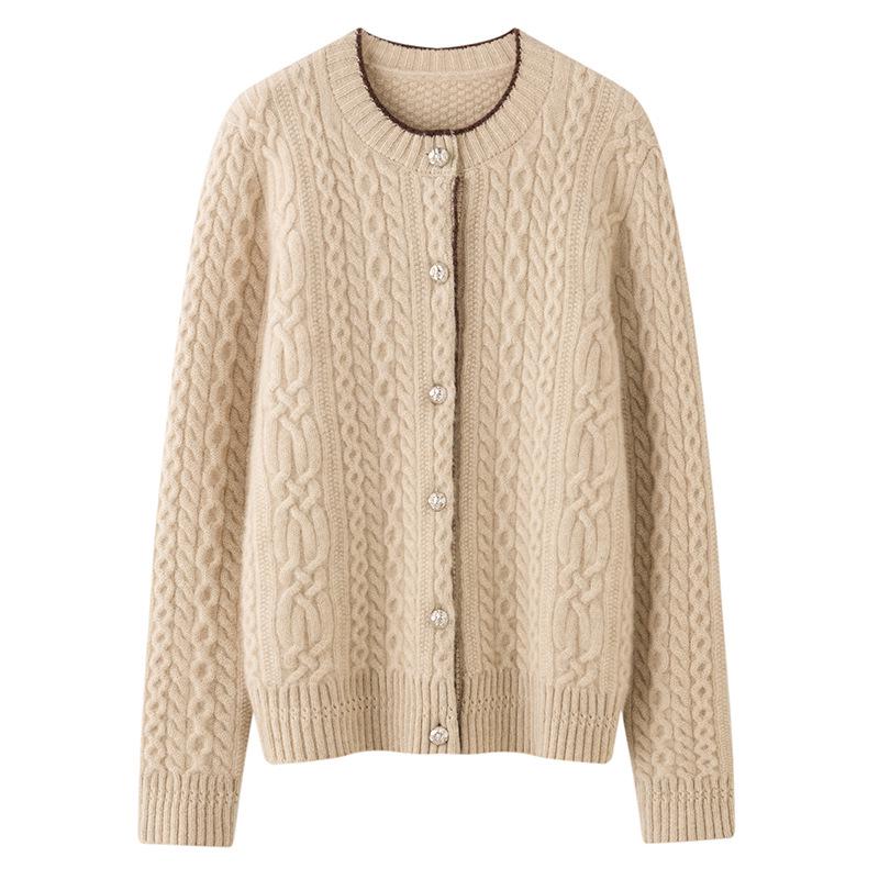 Women's Autumn/Winter Cashmere Knit Cardigan - Versatile Round Neck Elegant Cable Sweater Coat