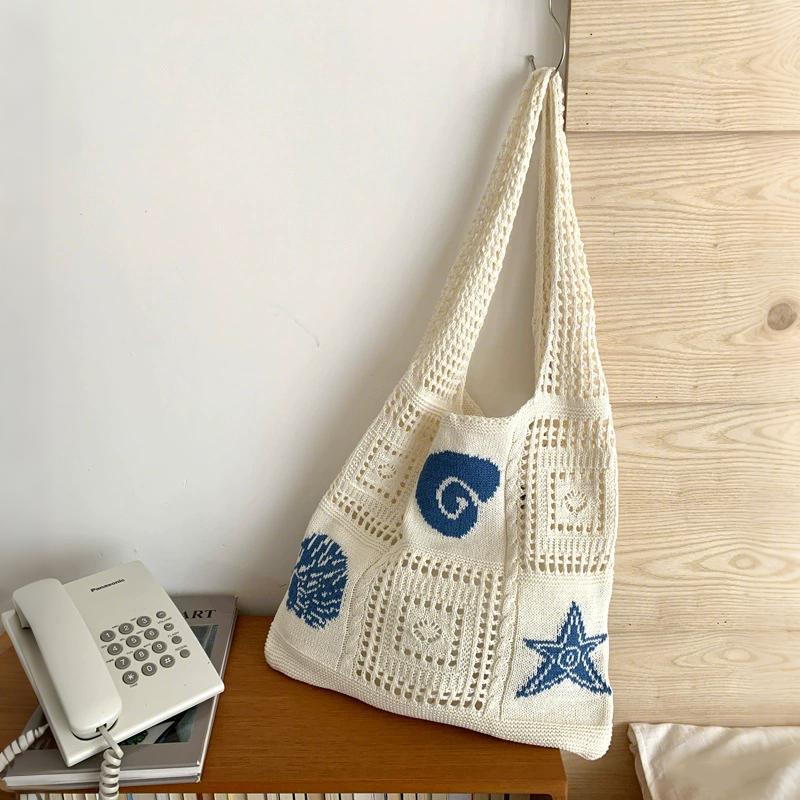 Turtle Korean Style Hollow Woven Bag Trendy Large Capacity Crochet Tote Bag Lightweight Embroidered Knitting Handbag Beach