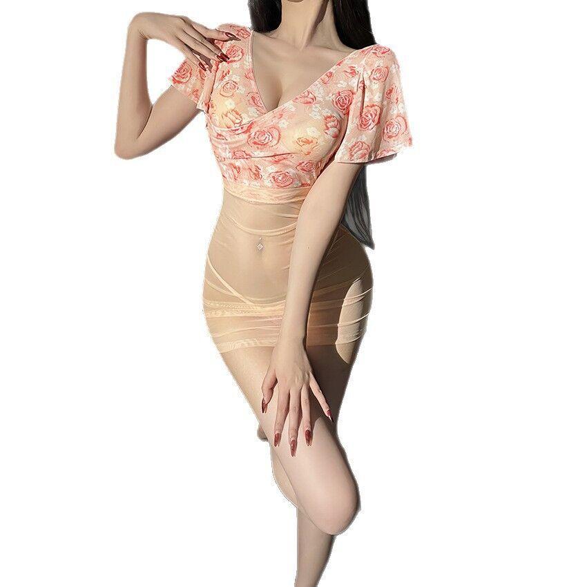 Sex underwear pure desire wind nightdress backless hip skirt floral sexy temptation deep V clothing