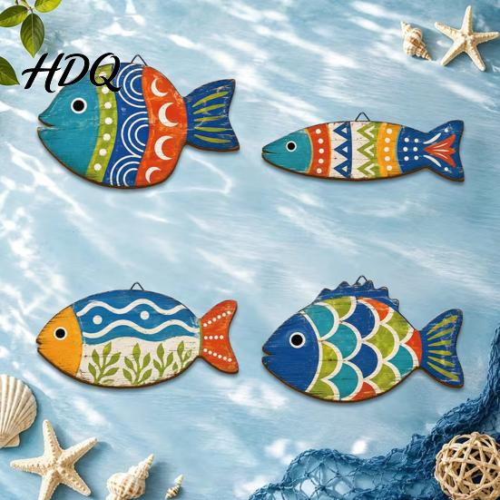 Distressed Nautical Wall Hanging 4PCS Coastal Themed Fish Decoration Bohemia Colorful Pattern Print Rustic Wood Decorations Plaques Decorative