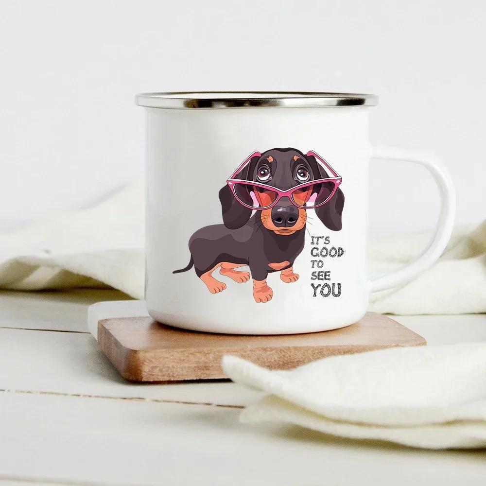 Lustiger Dackel-Druck Kreative Emaille-Tasse Kaffee-Weintassen Cartoon-Hunde Pfote Party-Getränk Bier Saft Milch Tassen Geschenke für Liebhaber Hund