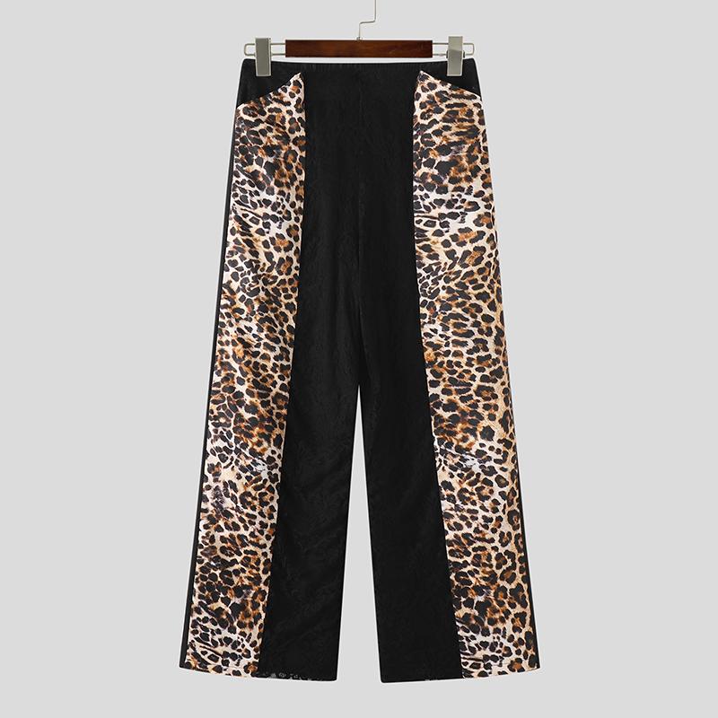 INCERUN Men's Leopard Print Patchwork Elastic Waist Trousers Streetwear Casual Wide Leg Loose Pants