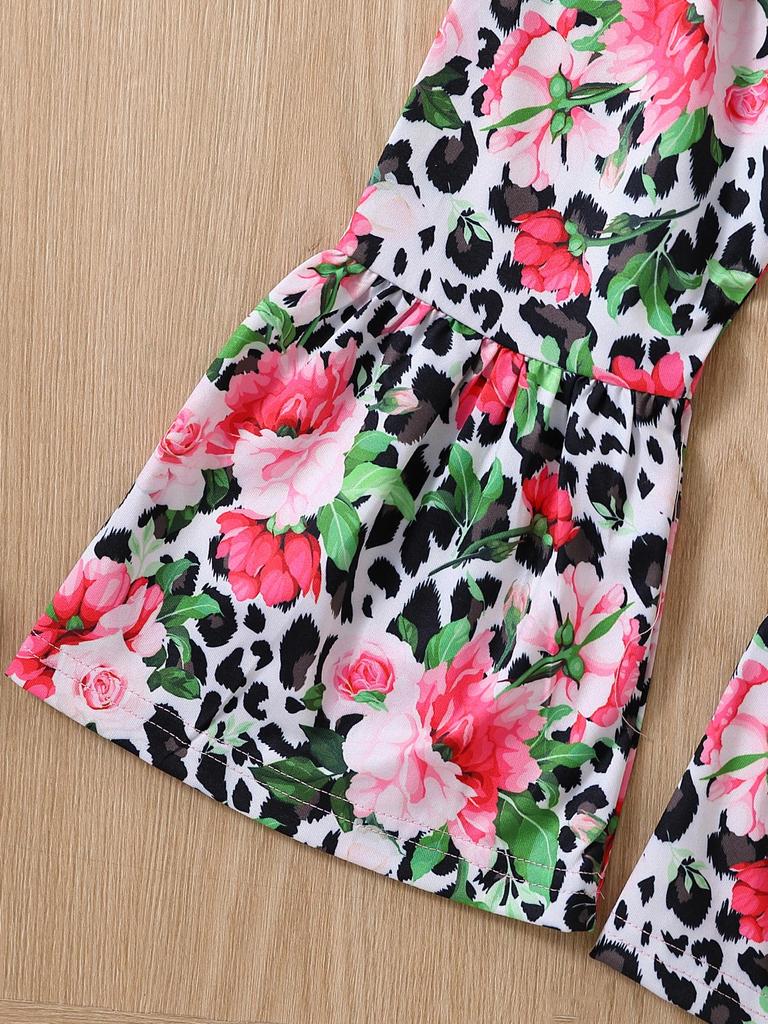 Girls Fashion Spring Autumn 2 Piece Sets Long Sleeve Letter Flared Cuff Pullover Top Flower Leopard Print Flared Pants Outfit