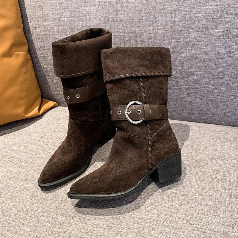Retro belt buckle boots women's 2025 autumn and winter new folded knight boots trendy fashion stacking boots fashion boots