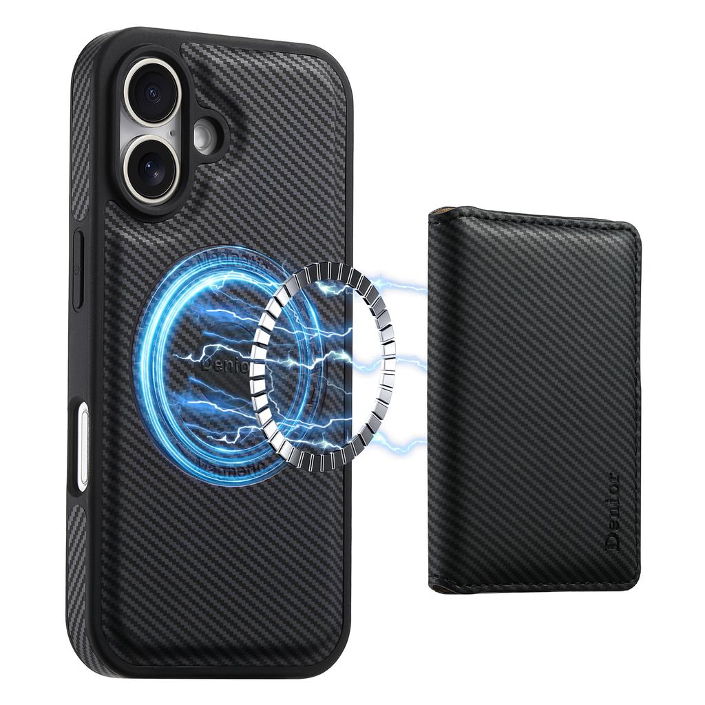 DENIOR For iPhone 16 Magnetic Case Carbon Fiber Texture Leather Back Cover with Detachable Card Bag