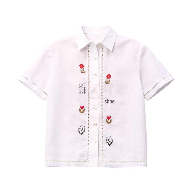 GREEN BELT Embroidered Striped Cotton Linen Polo Shirt M