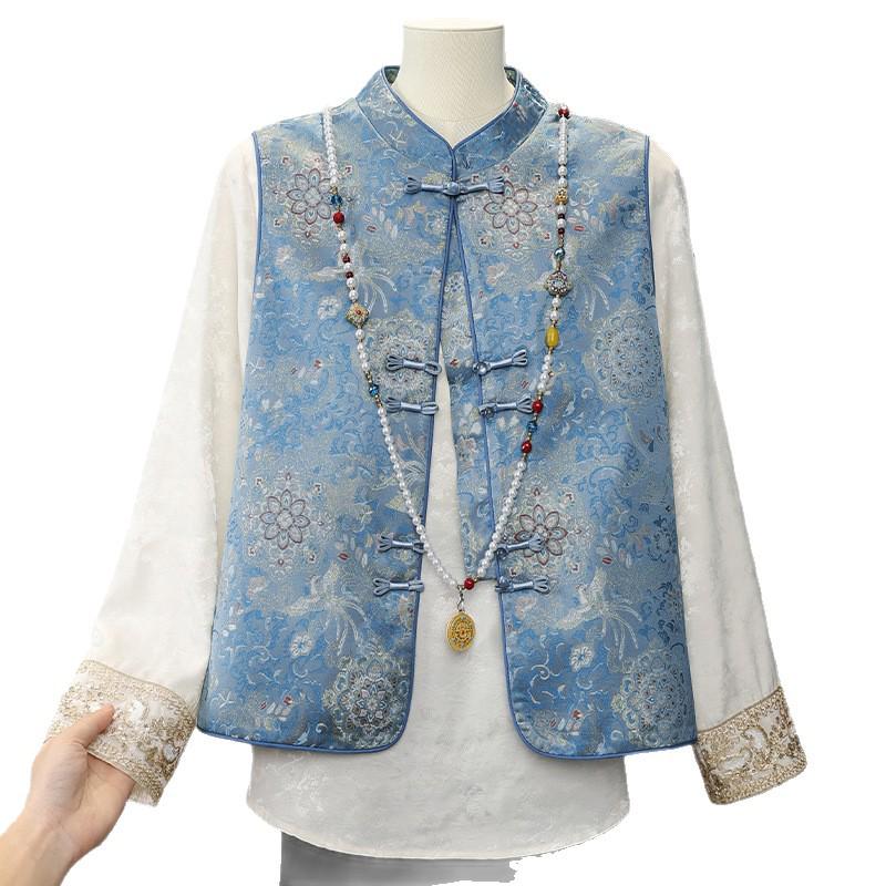 Women's Blue Brocade Jacquard Vest - New 2026 Chinese Style with Frog Buttons, Sleeveless Elegance for Spring