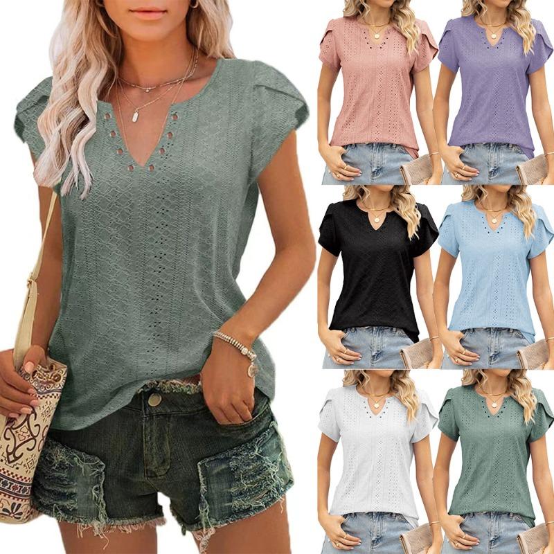 Fashion V-neck Button Hollow Loose Short Sleeved T-shirt Top for Women Shirt