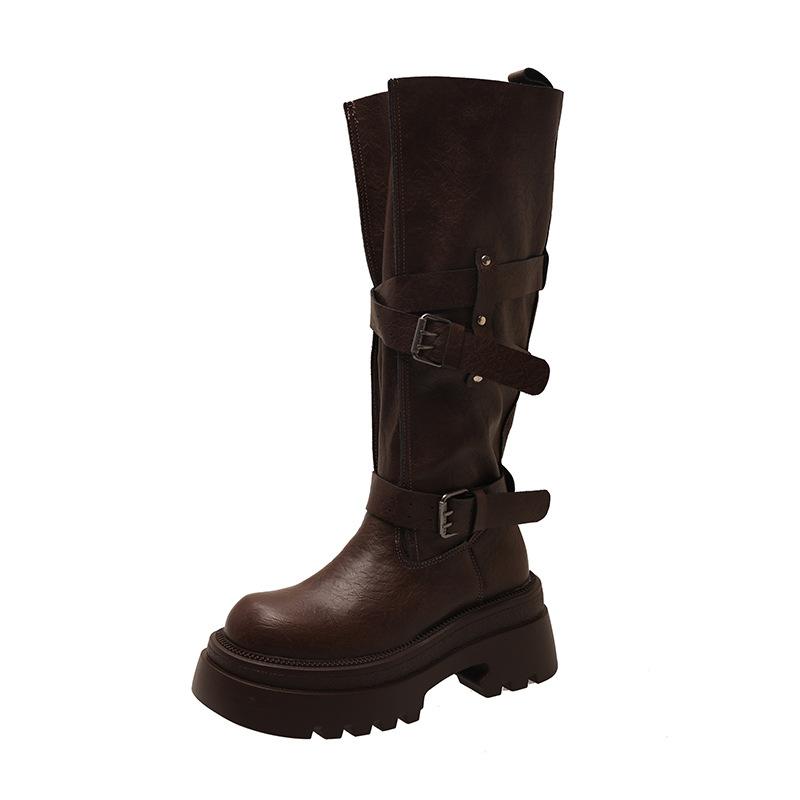 Thick-soled belt buckle boots locomotive autumn new super fire retro versatile knight heightening boots versatile
