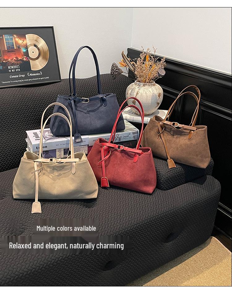 Women's Retro Suede Tote Bag - Large Capacity Frosted Shoulder Bag for Autumn 2025