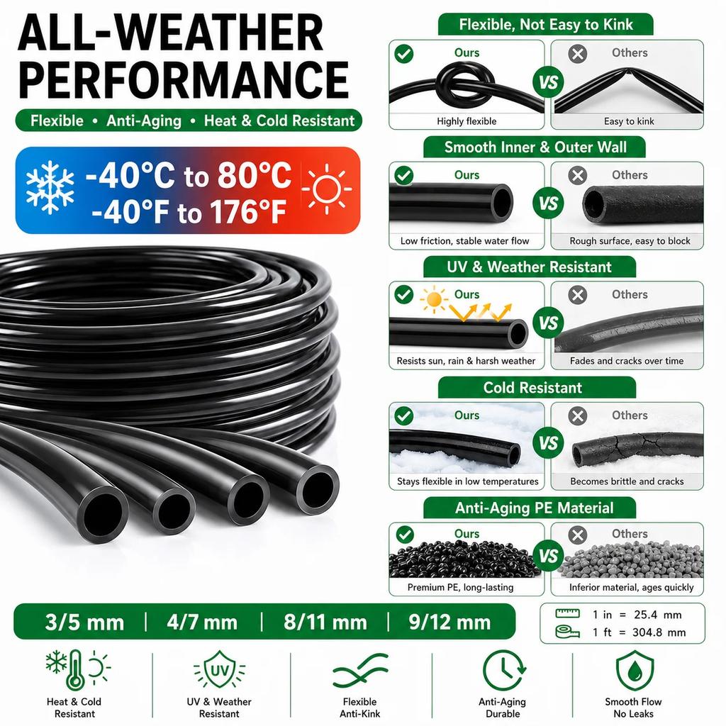 Black PE Drip Irrigation Pipe 10/20/30/50M Garden Watering Hose Micro Tube 3/5 4/7 8/11 9/12mm 1/4'' 3/8'' Sprinkler System