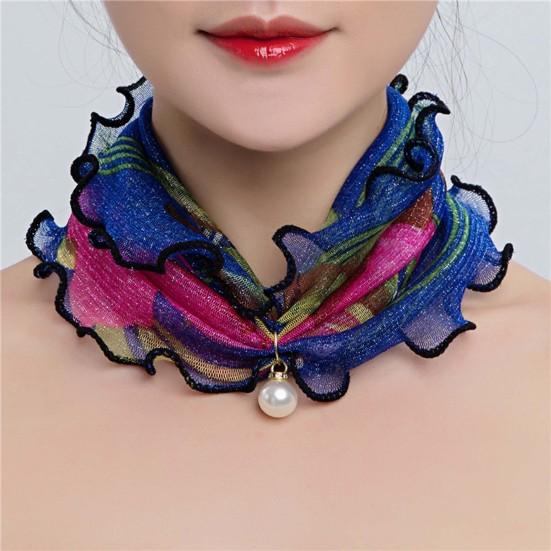 Scarf Painting Print Imitation Pearl Durable Ruffle Edge Lady Headscarf for Banquet