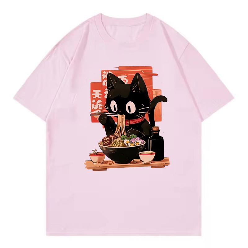Black RaUnisex Cat Japanese Anime Style Design Printed Lightweight T Shirts Round Neck Short Sleeve Tee Shirt Hip Hop