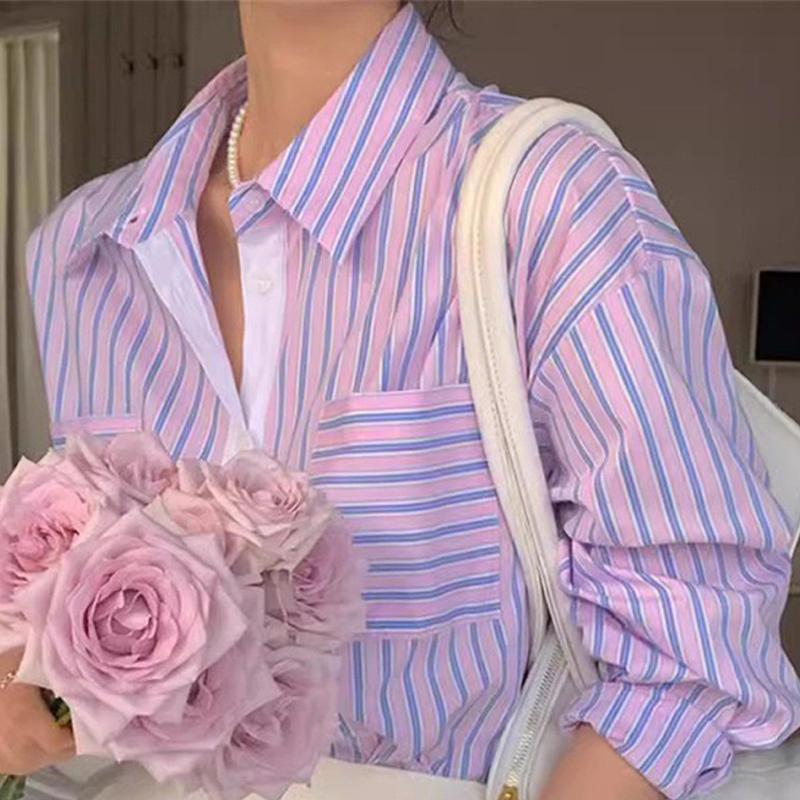 Camisa listrada de manga comprida com contraste retrô para mulheres, lapela de primavera, bolso duplo, blusa solta