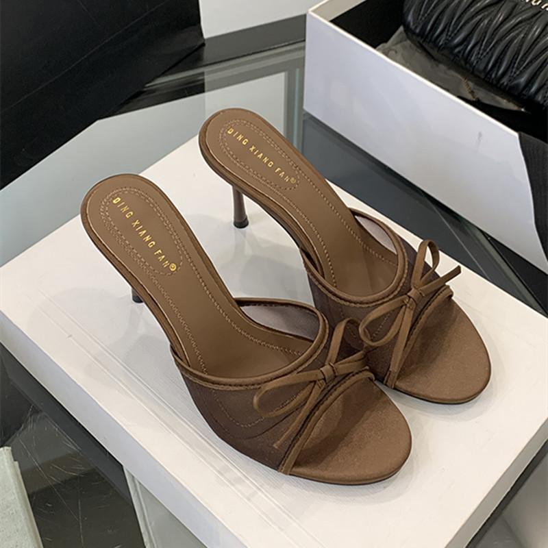

Fashion Bailamos 2025 Summer Brand Women Slipper Ladies Elegant Thin High Heels Dress Pumps Shoes Fashion Open Toe Slip On Slides 40 коричневый