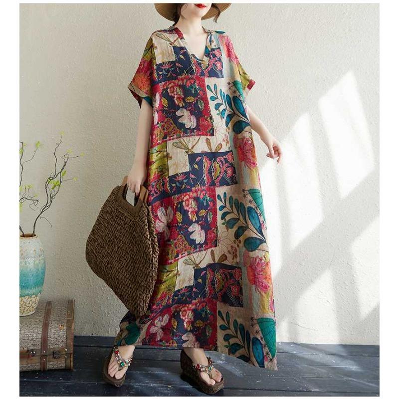 Women's Thin Cotton and Linen Loose Artistic Beach Skirt Retro Long Robe