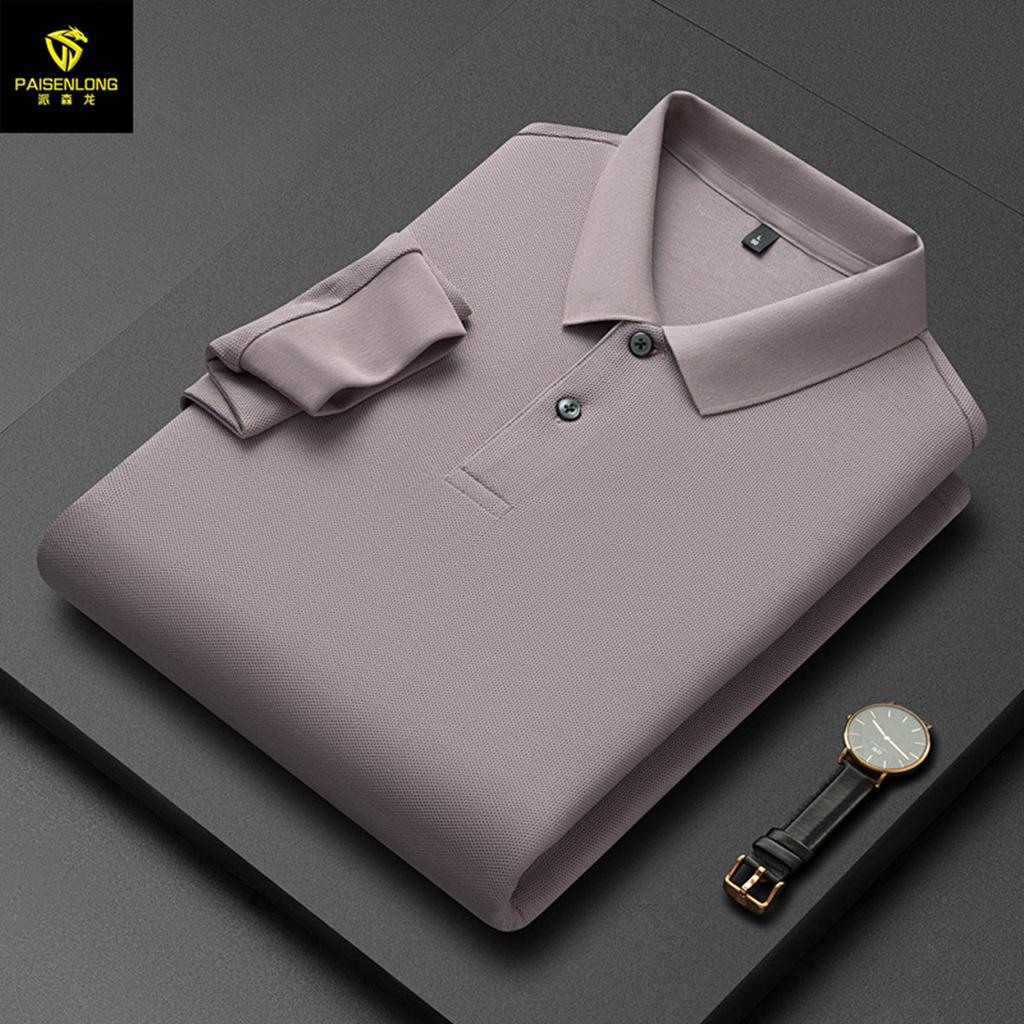 Autumn And Winter Lapel Slit Men'S Polo Shirt 100% Pure Cotton Hexagonal Beads Double-Sided Men'S Polo Shirt Long Sleeve