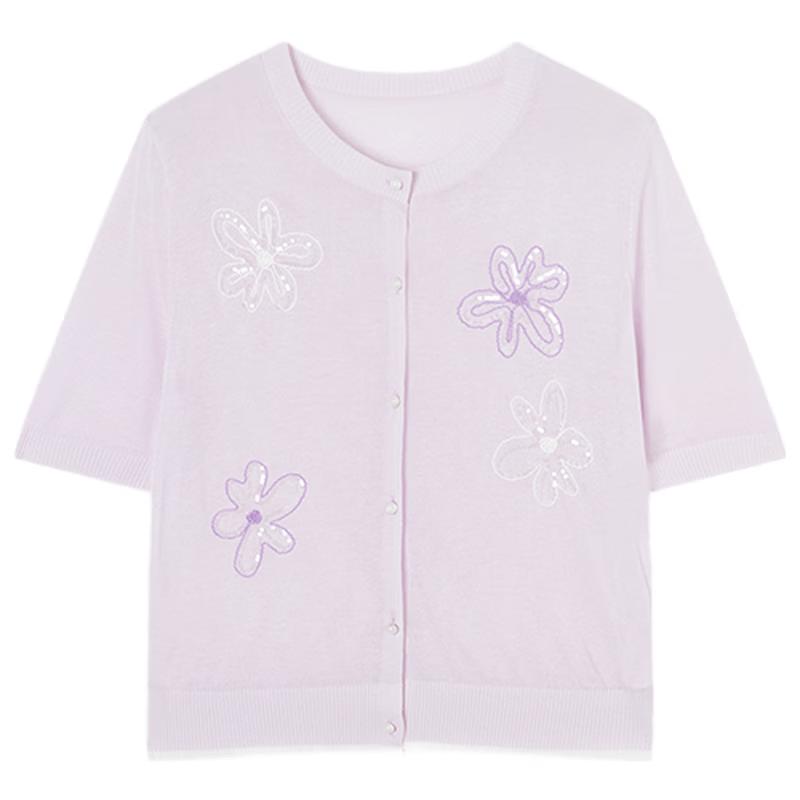 Xiangying Taro Purple Floral Embroidered Short Sleeve Knit Cardigan S