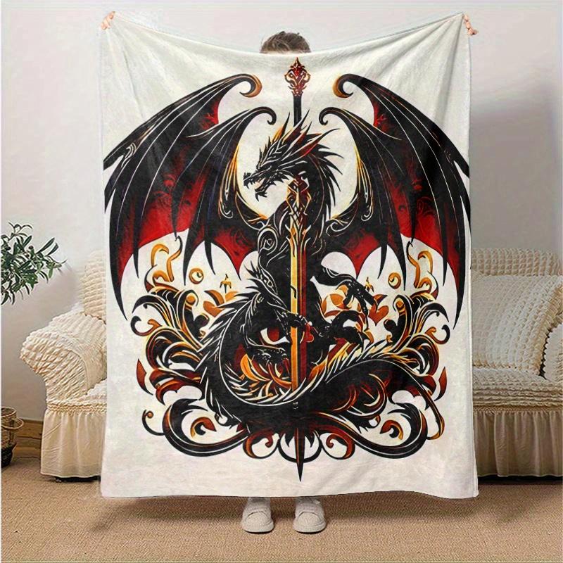 1pc Black Dragon with Sword Blanket Home Decorative for All Seasons, Living Room, Travel, Camping