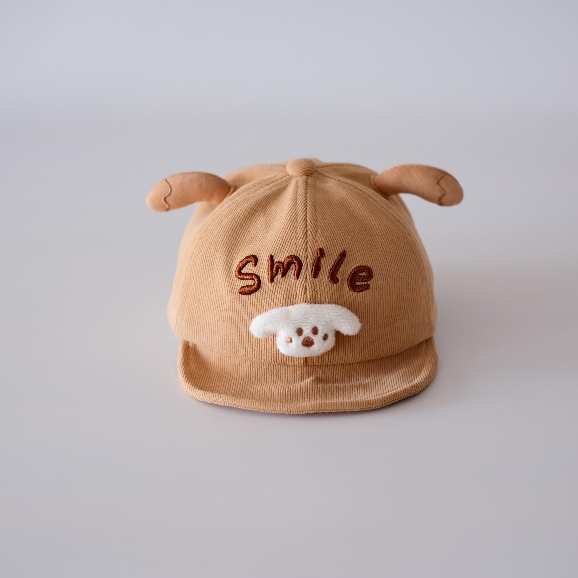 Kids Corduroy Baseball Cap Cute Cartoon Puppy Print Spring Autumn Sun Hat For Baby Boys And Girls Hat circumference 48 хаки
