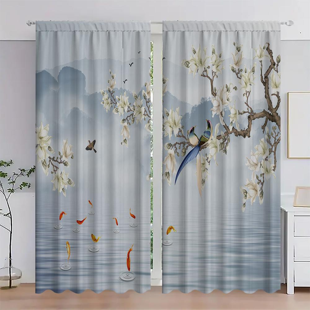 2PC Home flowers and birds Curtains With Landscape Background And Pole Pocket Curtains   Kitchen   Coffee Shop   Living Room   Bacon