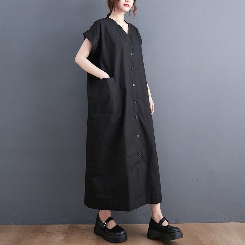 Spring/Summer 2026 V-neck Cotton Linen Plus Size Short Sleeve Slimming Dress Plus size, one size fits all