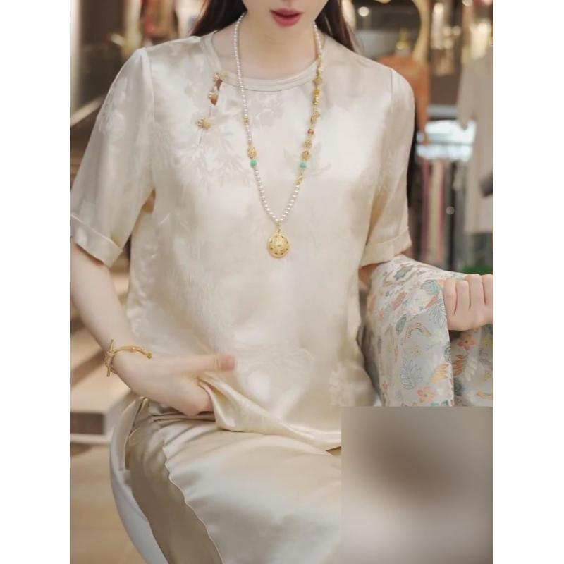 Retro flower-themed pullover round neck short-sleeved T-shirt women's summer versatile tide