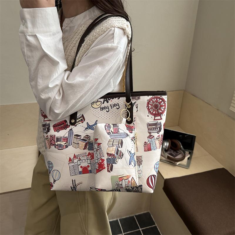 Fashi Printed Graffiti Shoulder Bag Women Large Capacity Commuter Vintage High Quality Handle Bag Comfortable Composite Bag