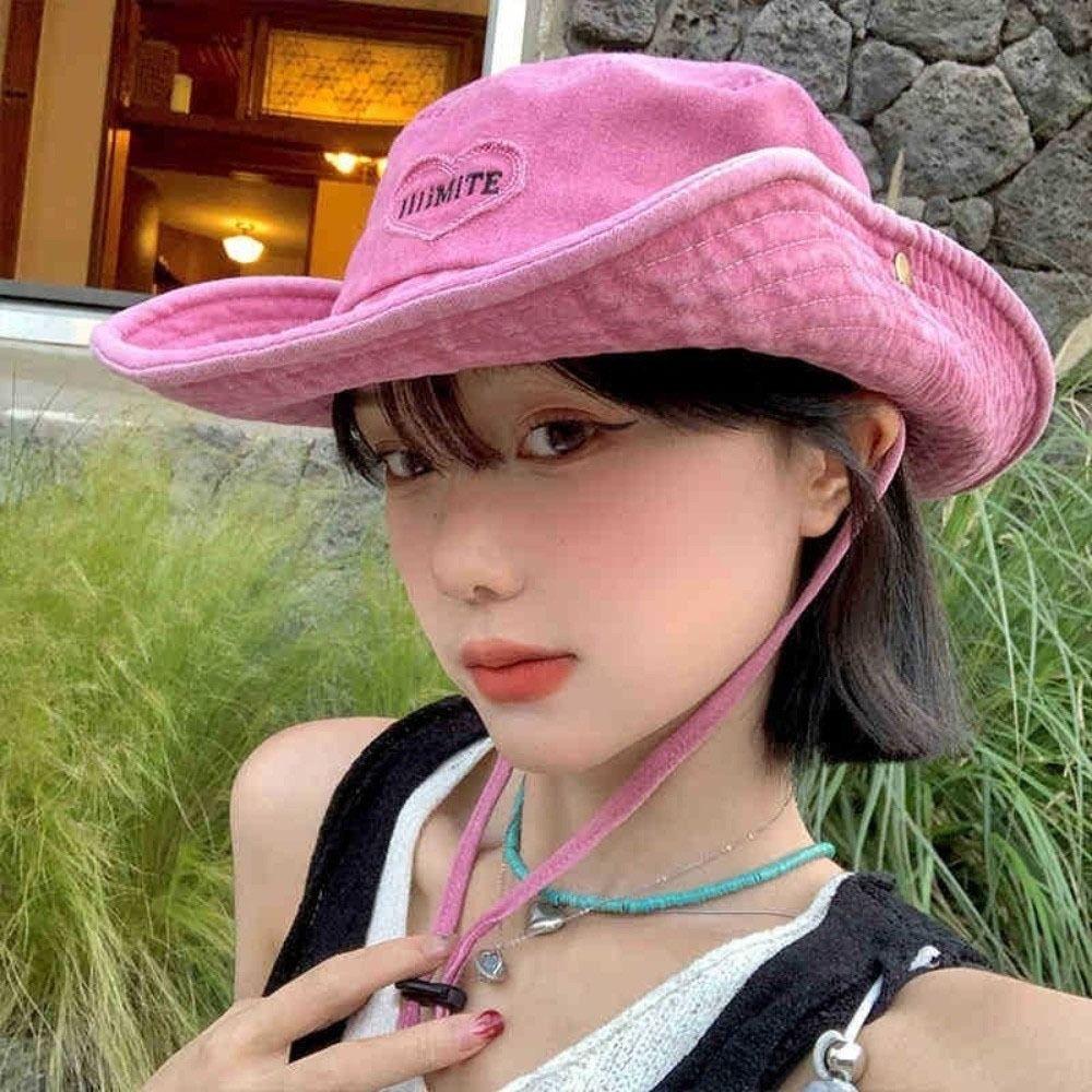 Cappello Western da Cowboy Monocolore alla Moda Rosa Amore Regolabile a Tesa Larga Cappello da Sole Protezione Solare Giapponese Y2k Cappello da Pescatore Ragazza