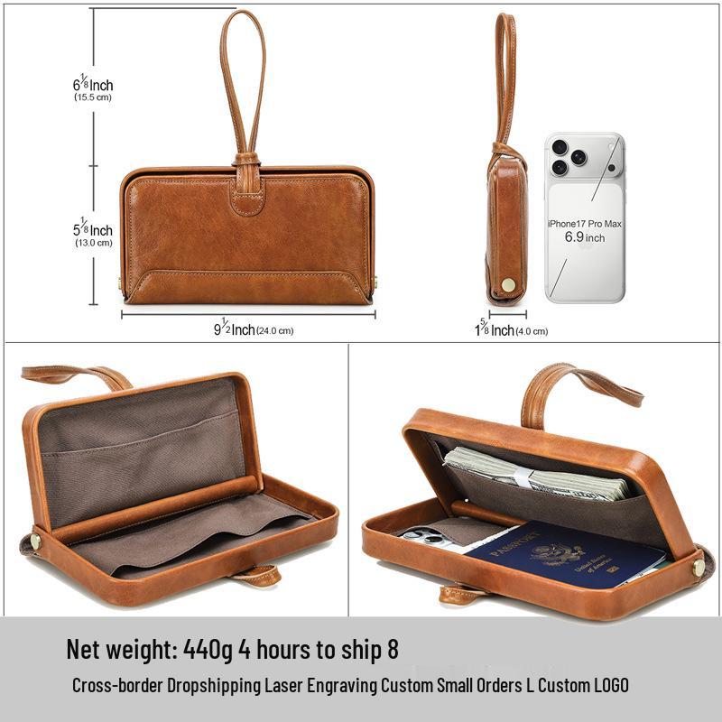 Full-Grain Lambskin Women's Wallet with Metal Hinge and Leather Hand Strap