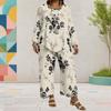Women Plus Size Navy Blue Floral Printed Two Piece Set Round Neck Long Sleeve Layered Top Wide Leg Cropped Pants
