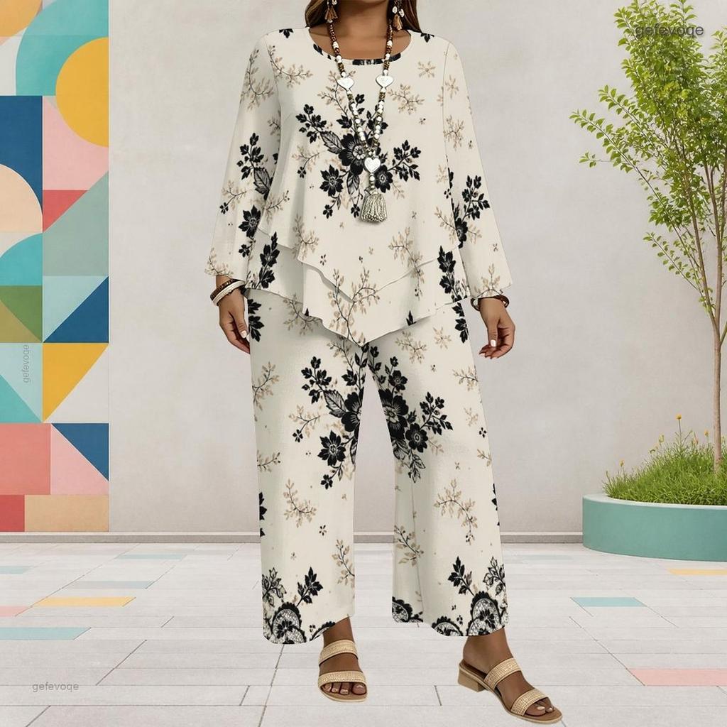 Women Plus Size Navy Blue Floral Printed Two Piece Set Round Neck Long Sleeve Layered Top Wide Leg Cropped Pants