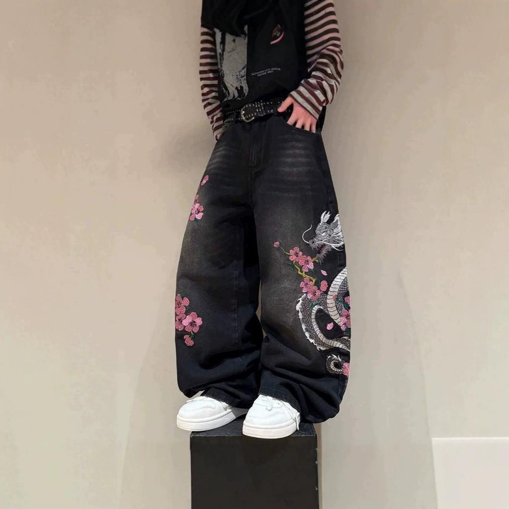 European and American jeans cherry blossom embroidered wide-leg pants washed high waist loose rough edge mopping jeans