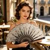 Vintage Folding Fan Carved Plastic Ribs Hand Held Fan Portable Summer Cooling Fan Wedding Dance Party Performance