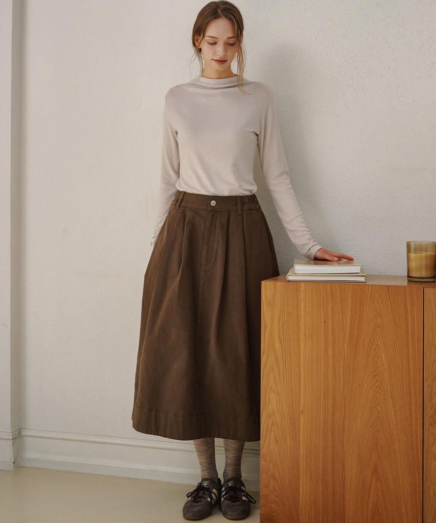 MALOUPE 3111 Brushed Collared Denim Skirt (Brown)