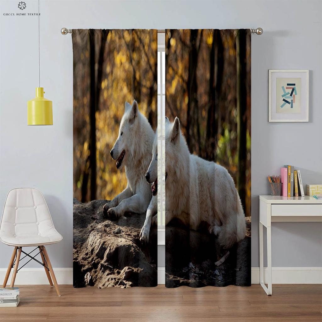 3D Printed Polyester Fiber Curtain, Rod Pocket, Bedroom, Living Room, Study, Decorative, Dream Star, Wolf, 2 Pcs